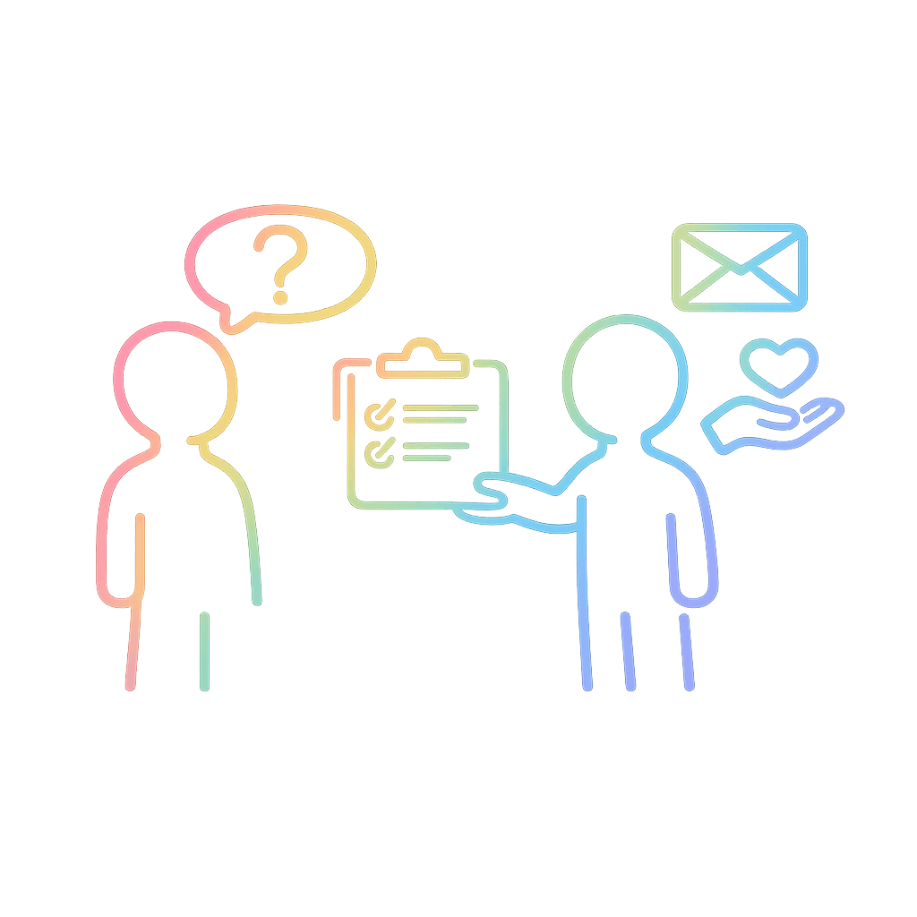 Line drawing of one person offering help to another person, with learning icons including a light bulb, laptop, tick box and graduation cap.