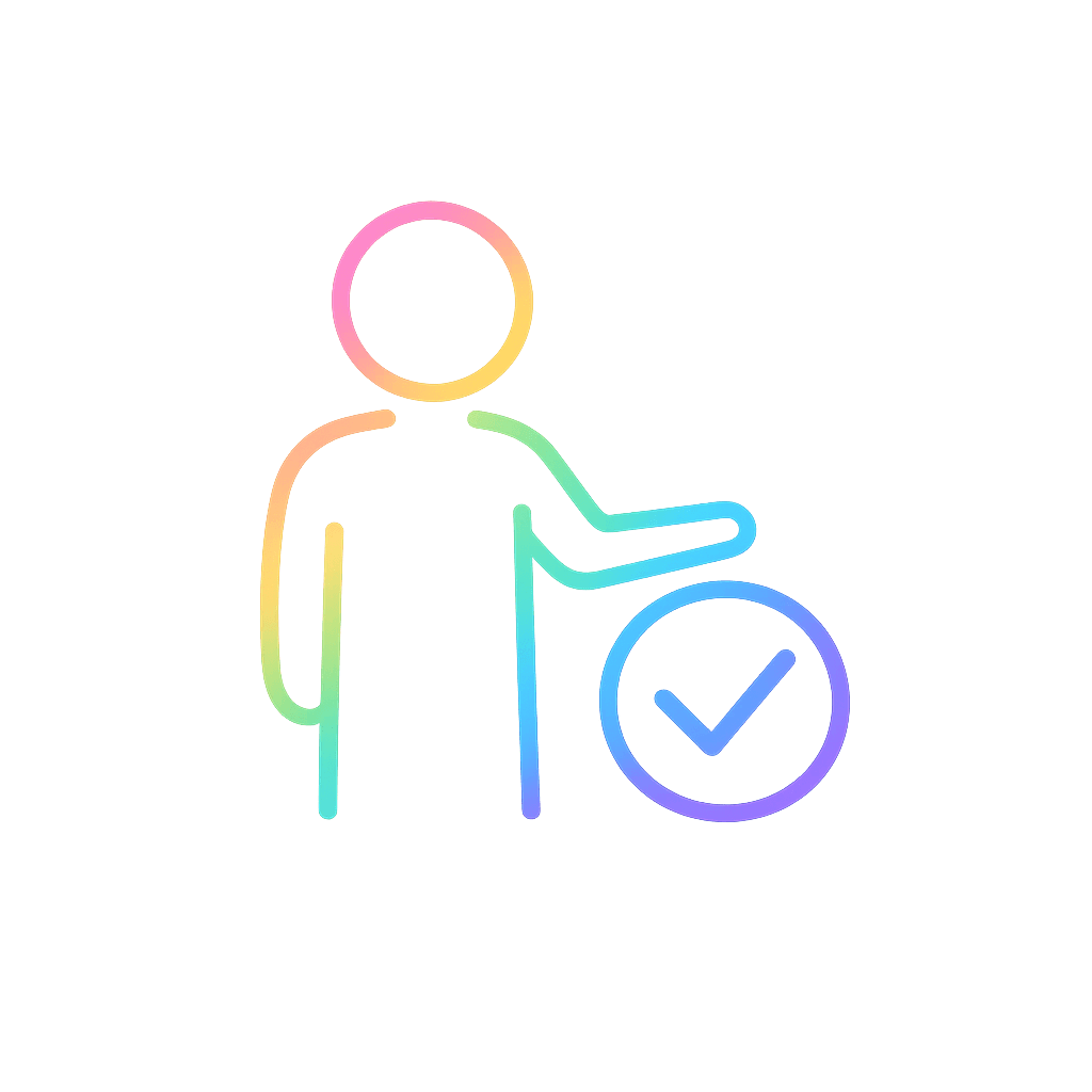 Line drawing of a person pointing to a checklist with tick marks and an alert symbol.