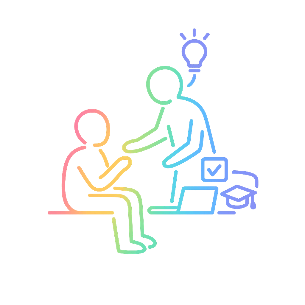 Line drawing of one person offering help to another person, with learning icons including a light bulb, laptop, tick box and graduation cap.