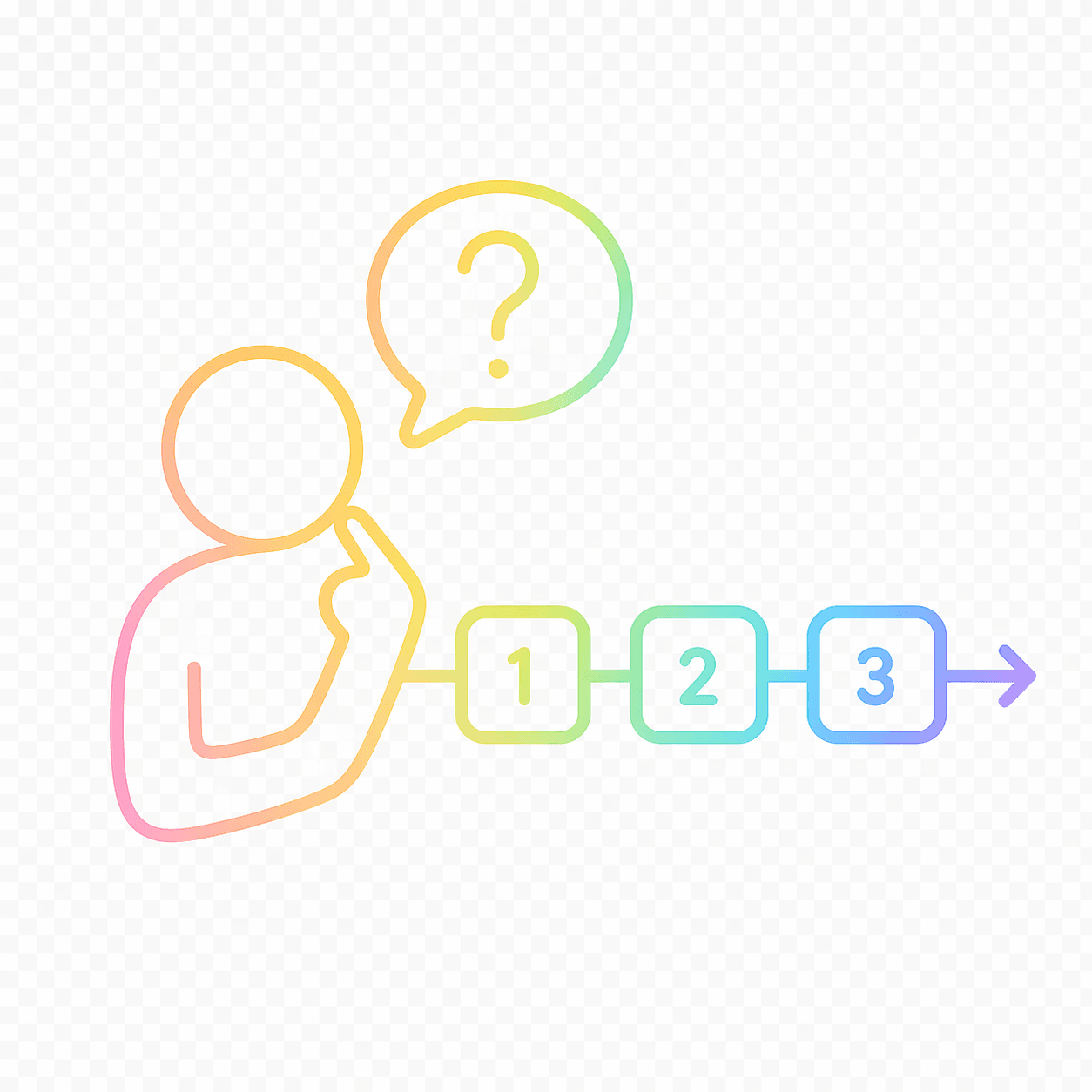 Line drawing of a person thinking about next steps with a question mark and numbered steps