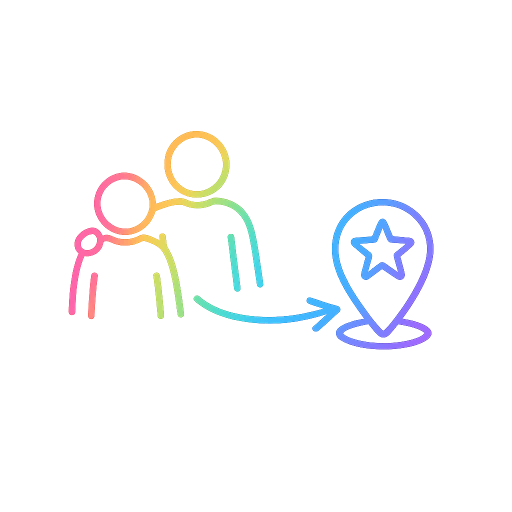 Line drawing of three people sitting together at a table with a speech bubble above them.