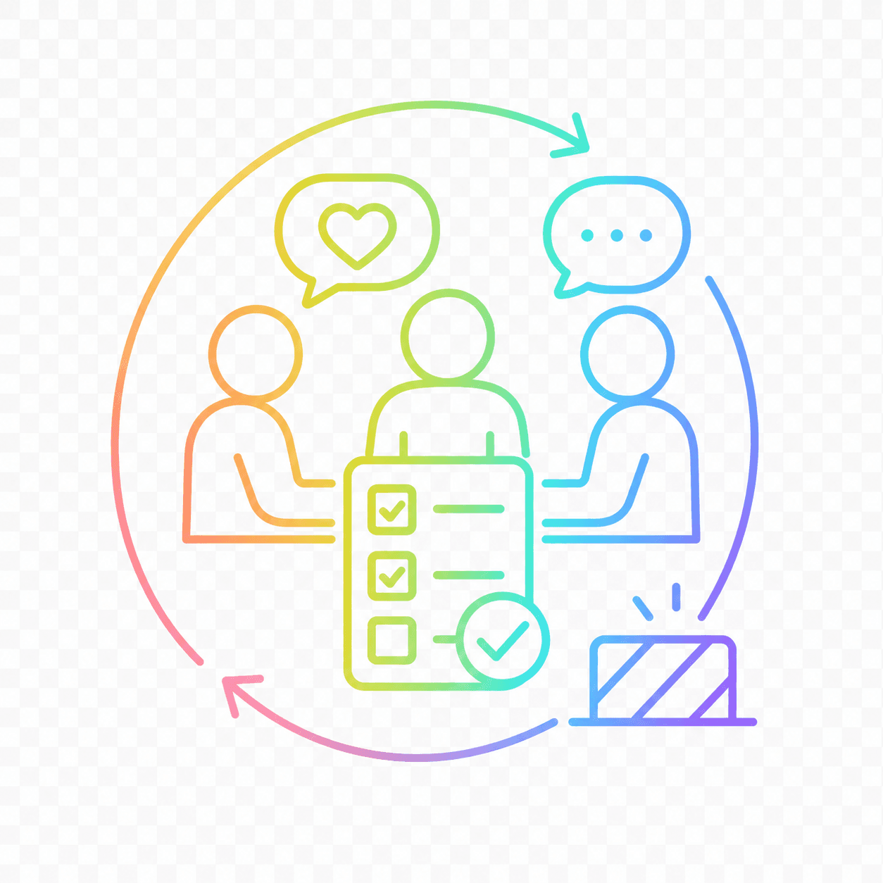 Simple AAC-style icon showing people involved in checking or planning an action.