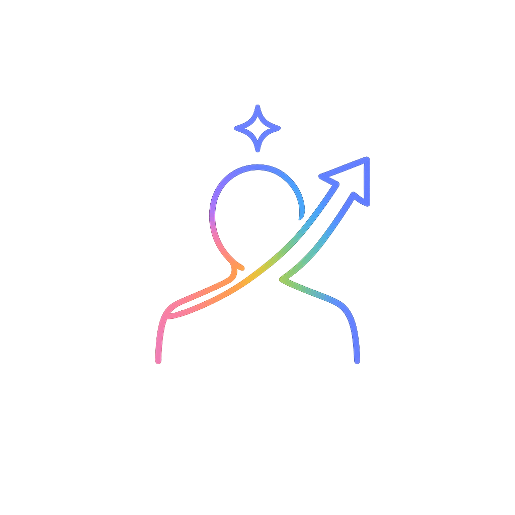 Line drawing of a person looking forward with an arrow pointing upward, showing confidence, growth and next steps